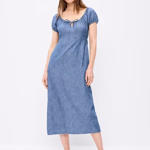 Short-Sleeve Scoop-Neck Midi Dress-Chambray