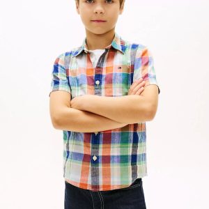 Kids' Linen-Cotton Blend Madras Shirt-Brilliant Orange