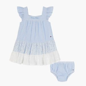 BABY Seersucker Tiered Dress & Bloomers Set-Blue/ White