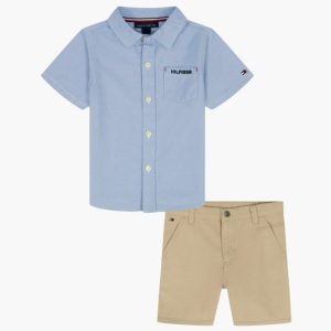 Baby Logo Short Sleeve Button-Up Shirt & Shorts Set-Blue