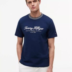 Nautical Script Logo Striped T-Shirt-Carbon Navy