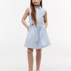 Kids' Sleeveless Belted Shirtdress-Powdery Blue