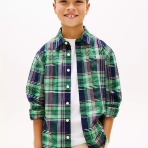 Kids' Plaid Stretch Oxford Shirt-Coastal Green