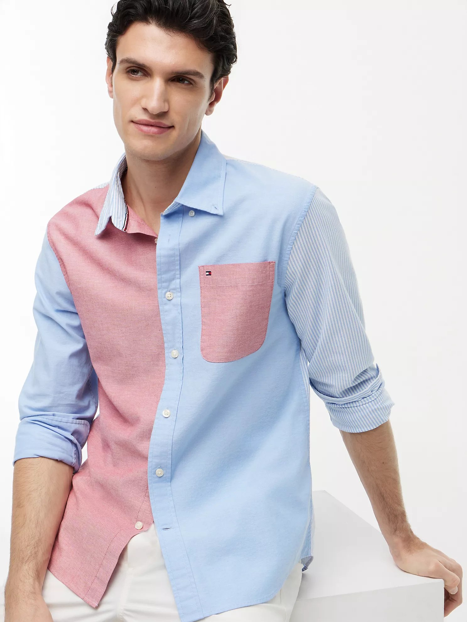 Regular Fit Colorblock Oxford Shirt-Copenhagen Blue Multi - Image 3