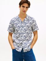 Allover Script Monogram Linen Camp Shirt-Ecru/Blue Print