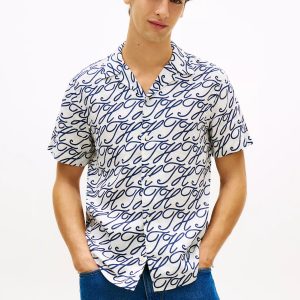 Allover Script Monogram Linen Camp Shirt-Ecru/Blue Print