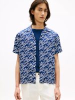 Allover Script Monogram Linen Camp Shirt-Navy