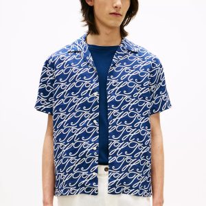Allover Script Monogram Linen Camp Shirt-Navy