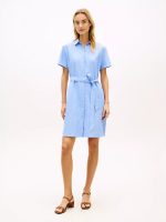 Belted Linen-Cotton Blend Shirtdress-Blue Spell