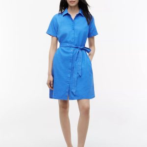 Belted Linen-Cotton Blend Shirtdress-Siren Blue