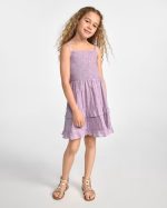 Girls Floral Textured Bow Back Dress-purple