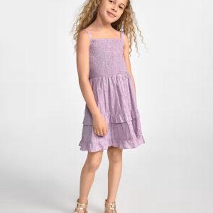 Girls Floral Textured Bow Back Dress-purple