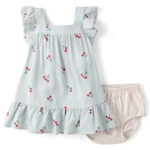 Baby Girls Striped Cherry Ruffle Dress-blue