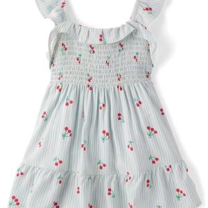 Toddler Girls Striped Cherry Smocked Ruffle Dress-blue