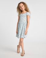 Girls Striped Cherry Smocked V-Waist Dress-blue