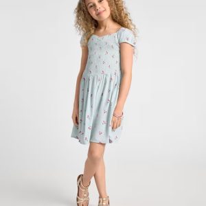 Girls Striped Cherry Smocked V-Waist Dress-blue