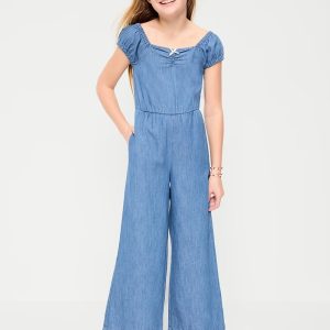 Short-Sleeve Chambray Jumpsuit for Girls-Chambray Blue