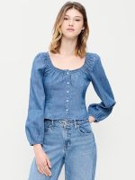 Long-Sleeve Button-Down Jean Top-Medium Wash