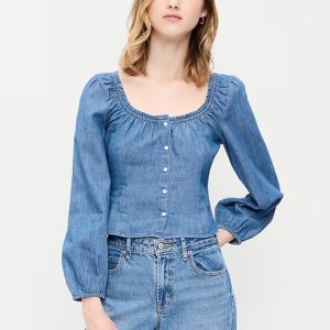 Long-Sleeve Button-Down Jean Top-Medium Wash