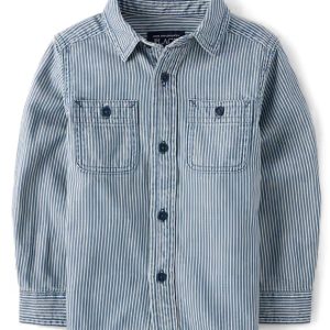 Baby/Toddler/Big Boys Railroad Stripe Denim Button Up Shirt-blue