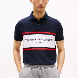 Regular Fit Tommy Logo Block Stripe Polo-Navy
