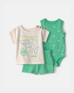 Baby Boy 3-Piece Shark Top, Bodysuit & Short Set-Green/Ivory