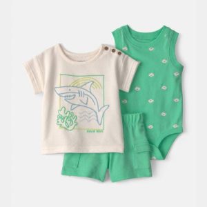 Baby Boy 3-Piece Shark Top, Bodysuit & Short Set-Green/Ivory