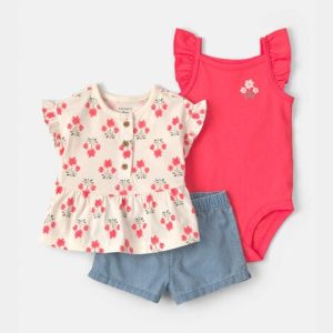 Baby Girl 3-Piece Floral Top & Short Set-Multi