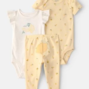 Baby Girl 3-Piece Lemon Bodysuits & Pant Set-Yellow/White