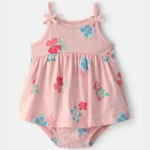 Baby Girl Floral Sleeveless Bodysuit Dress-Pink