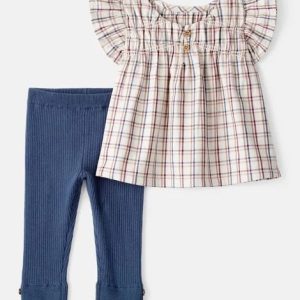 Baby Girl 2-Piece Plaid Short-Sleeve Outfit Set-Blue