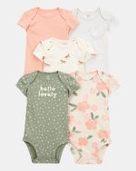 Baby Girl 5-Pack Floral Horses Short-Sleeve Cotton Bodysuits-Pink/Green