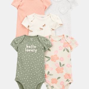 Baby Girl 5-Pack Floral Horses Short-Sleeve Cotton Bodysuits-Pink/Green