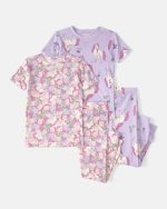 Baby Girl Unicorn Floral 100% Cotton Snug Fit 4-Piece Pajama Set-Pink/Purple