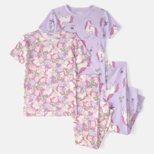 Baby Girl Unicorn Floral 100% Cotton Snug Fit 4-Piece Pajama Set-Pink/Purple