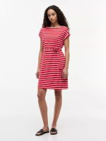 Striped Belted Stretch-Cotton Dress-Primary Red
