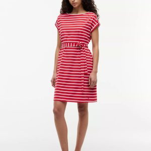 Striped Belted Stretch-Cotton Dress-Primary Red