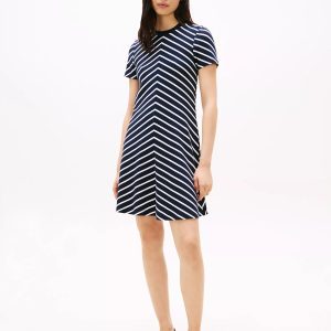 Striped Belted Stretch-Cotton Dress-Navy