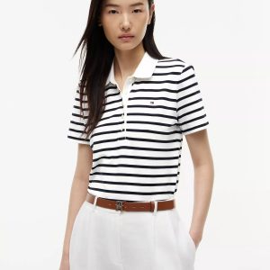 Classic Fit Striped Stretch Pique Polo-Ecru / Navy Blue Stripe