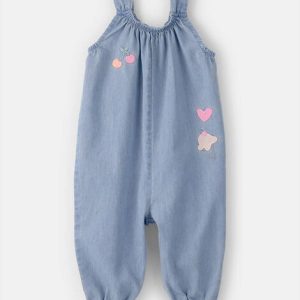 Baby Girl Embroidered Chambray Sleeveless Jumpsuit - Blue