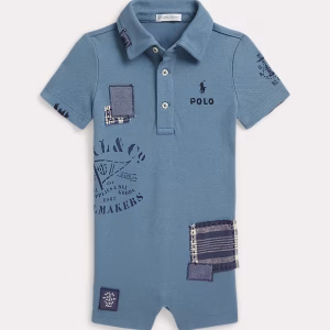 Patchwork Cotton Mesh Polo Shortall-Camp Blue