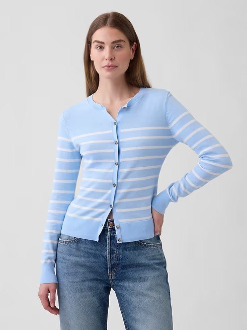 Crewneck Cardigan- Blue Stripe