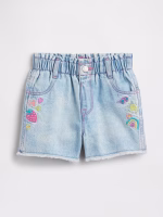babyGap Embroidered Paperbag Mom Jean Shorts-Light Wash Strawberry Rainbow Heart Flower