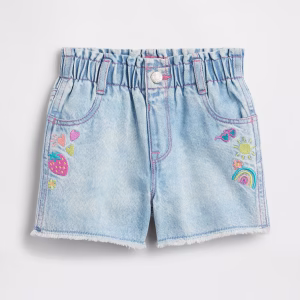 babyGap Embroidered Paperbag Mom Jean Shorts-Light Wash Strawberry Rainbow Heart Flower