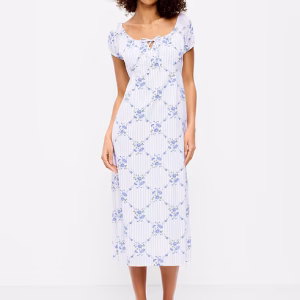 Short-Sleeve Scoop-Neck Midi Dress-White/Blue Floral