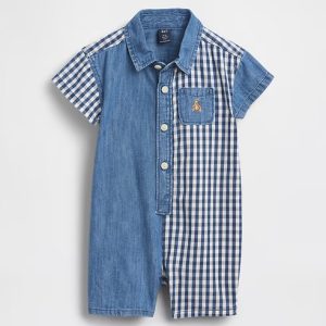 Baby Gingham Denim Colorblock Shorty One-Piece-Navy Gingham