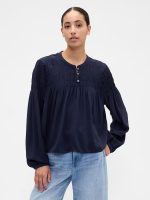 Relaxed Smocked Balloon-Sleeve Top-Navy Uniform