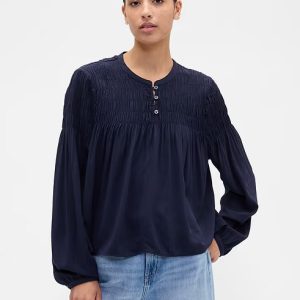 Relaxed Smocked Balloon-Sleeve Top-Navy Uniform