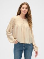 Relaxed Smocked Balloon-Sleeve Top-Anchorage Cream