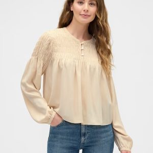 Relaxed Smocked Balloon-Sleeve Top-Anchorage Cream